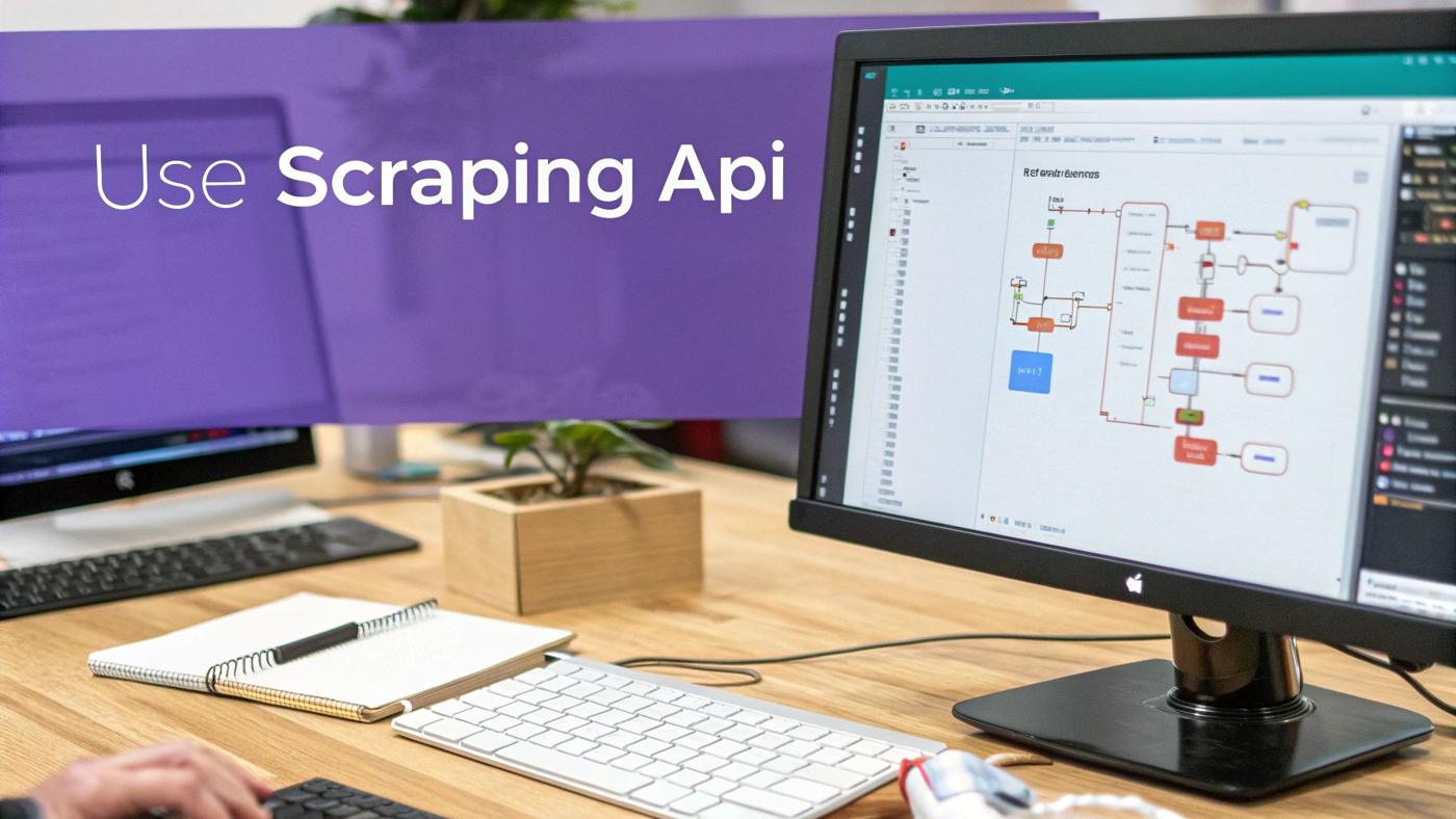 An illustration showing a developer choosing between a complex proxy setup and a simple Scraping API call
