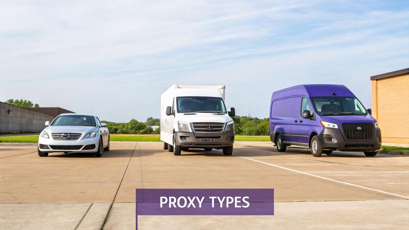 An illustration comparing the different paths of datacenter, residential, and ISP proxies to a target website