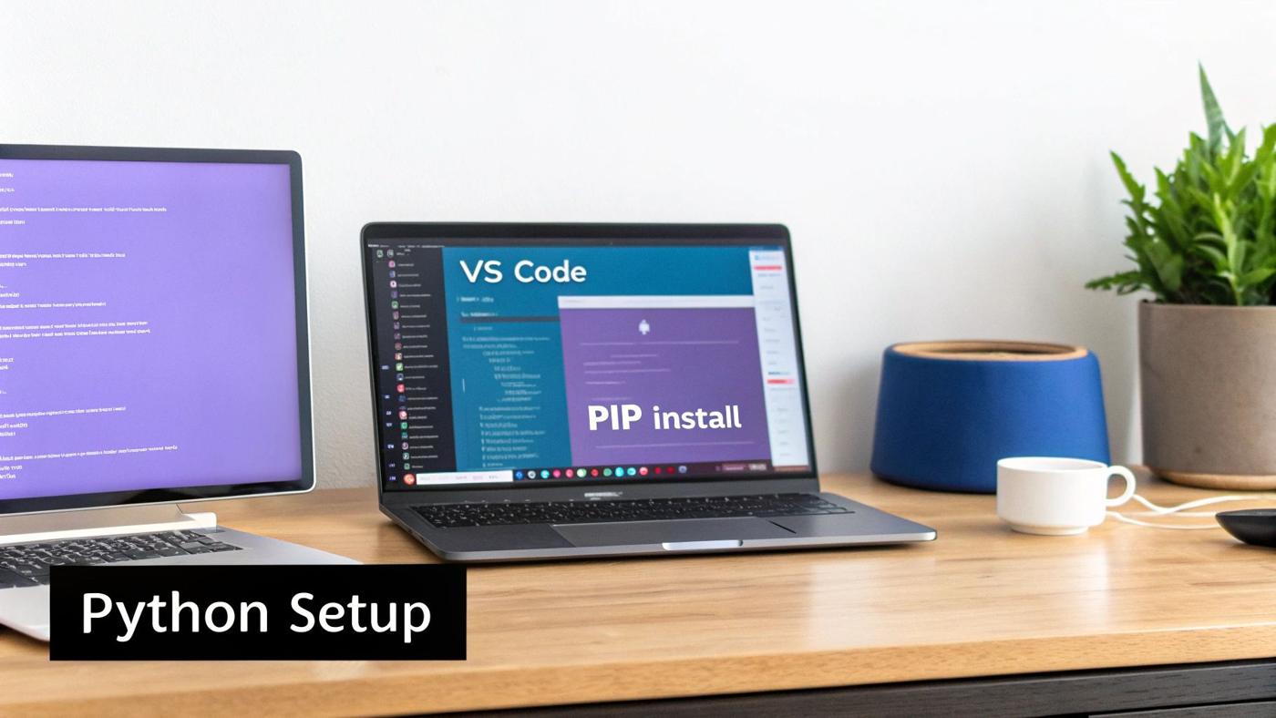 A developer's desk with a laptop displaying Python code, surrounded by coding-related items, symbolizing a well-prepared scraping environment.