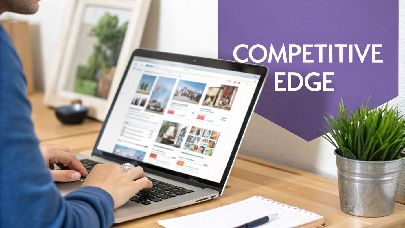 A magnifying glass hovering over an eBay product page, symbolizing data analysis and scraping for competitive insights.