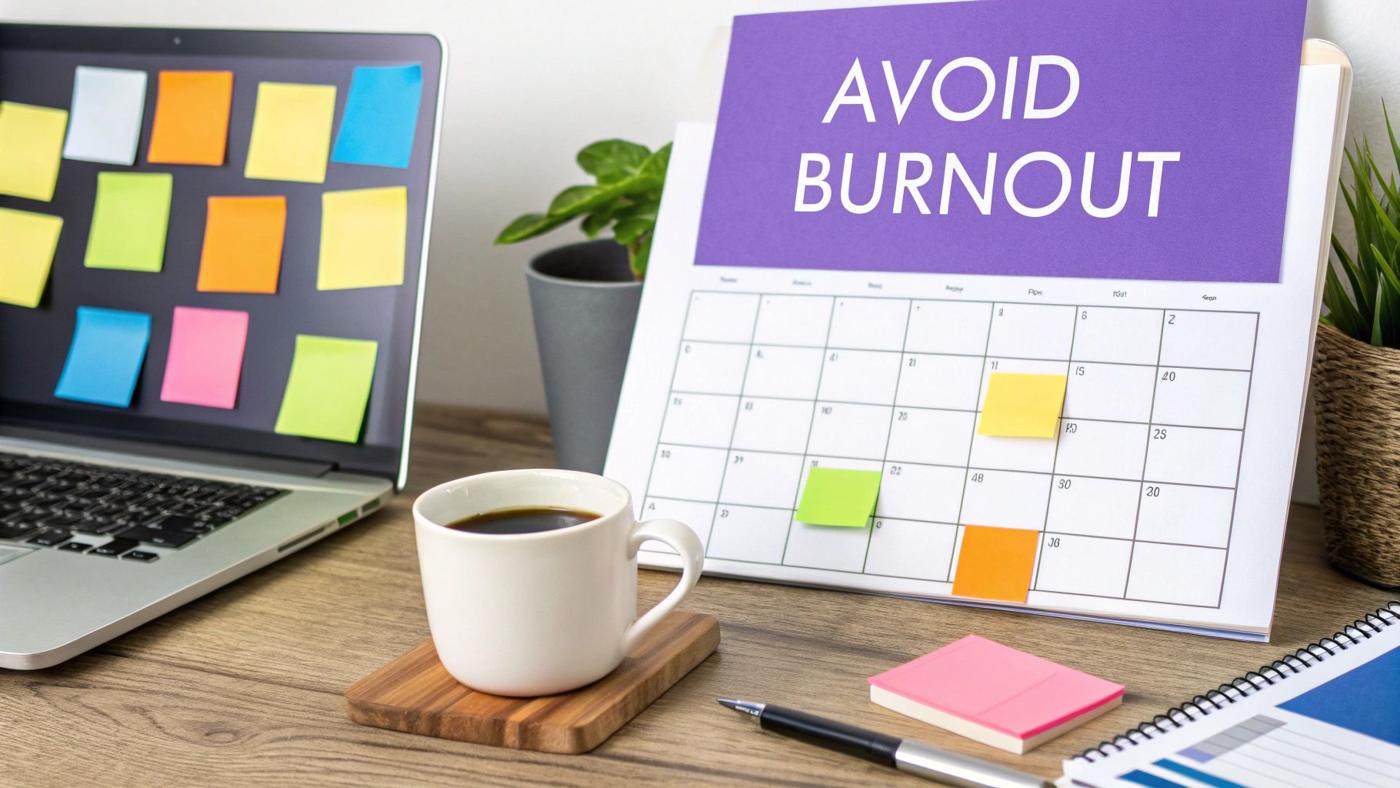 A person sitting at a desk with a color-coded calendar, planning content for different social media profiles.