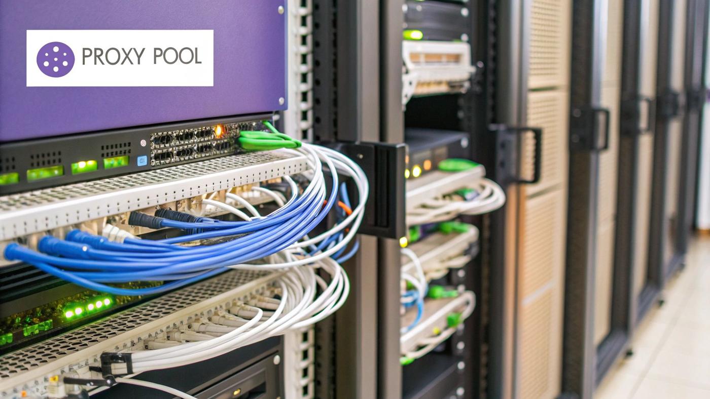 A network of interconnected nodes and servers, visually representing a proxy network.