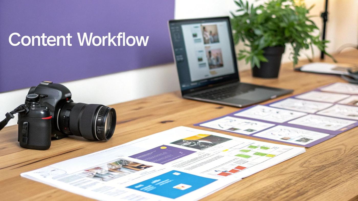 A creative and organized workspace showing a content calendar and various social media post drafts being worked on.