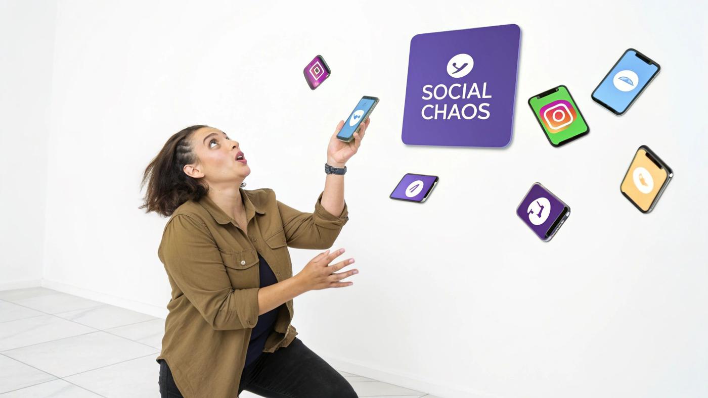 A person sitting at a desk feeling overwhelmed with multiple social media icons floating around them.
