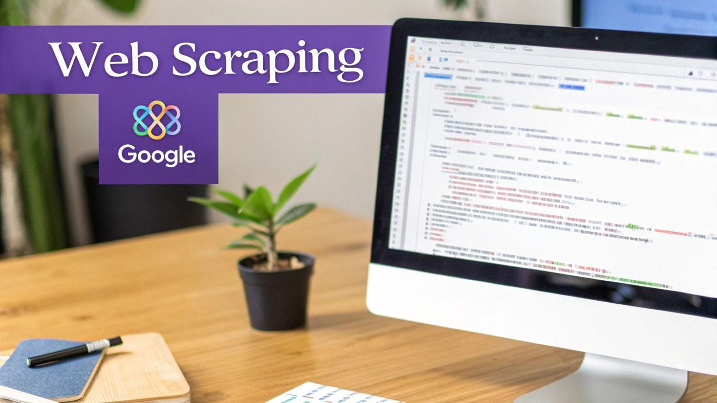 A person working on a laptop with code and data visualizations on screen, representing the process of web scraping.