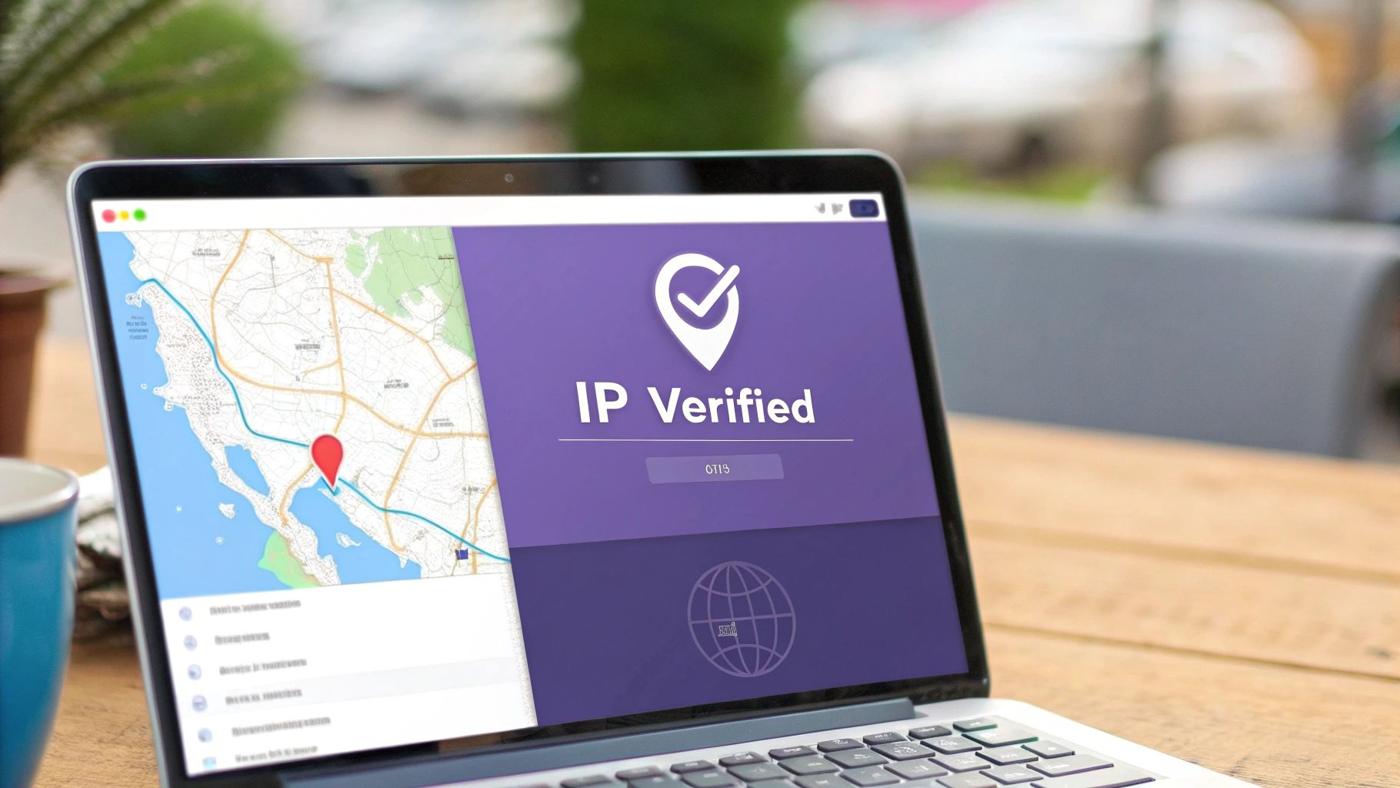 A magnifying glass inspects a digital world map, symbolizing the verification of an IP address and location.