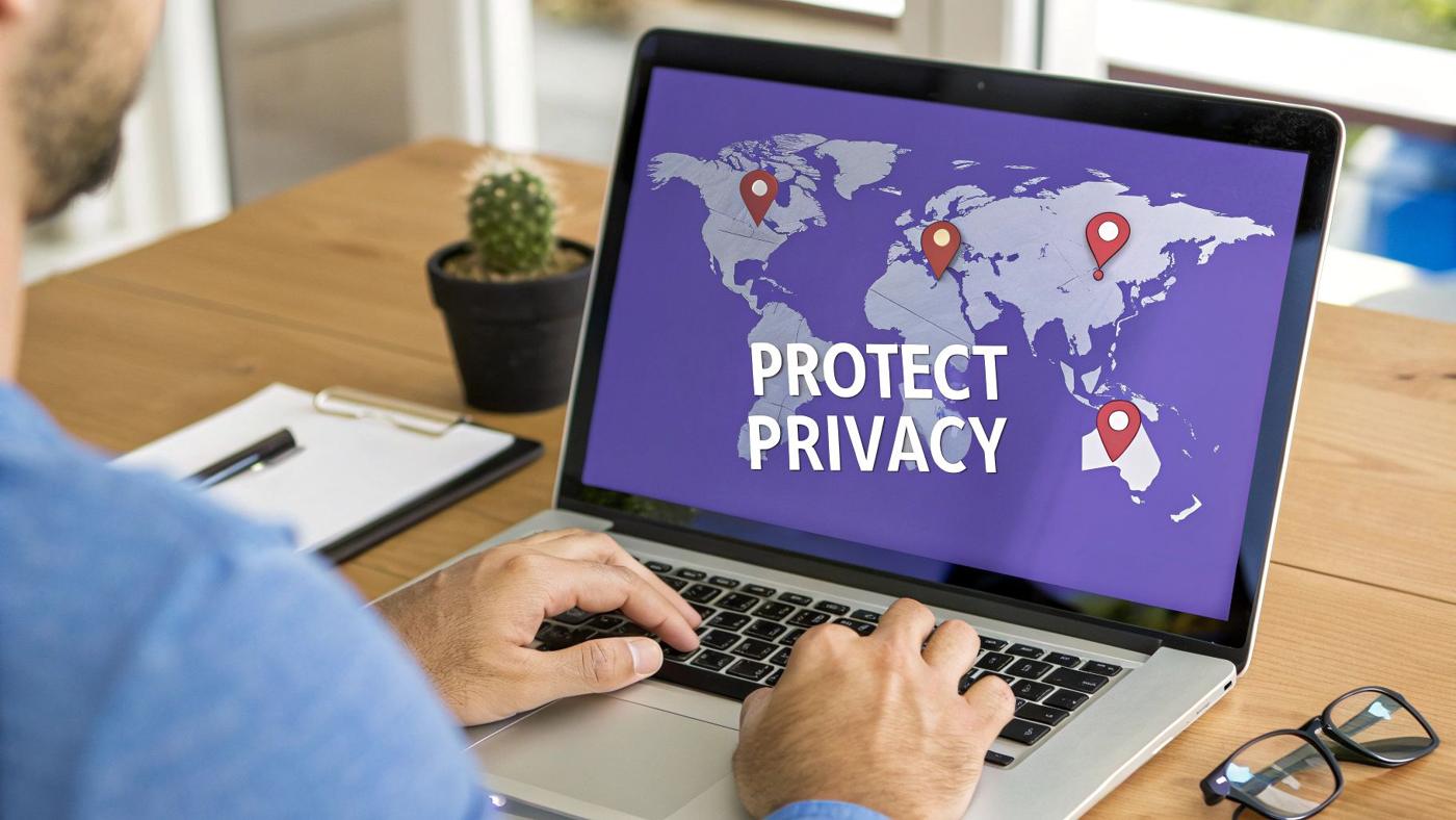 A person using a laptop with a digital lock icon, symbolizing online security and privacy.