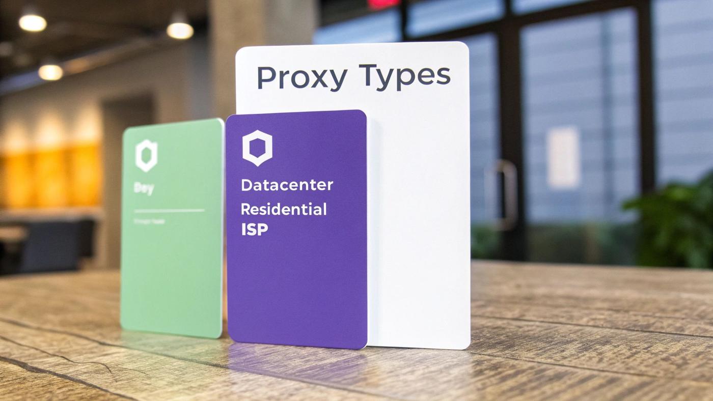 A simplified diagram showing three different types of ID cards, representing Datacenter, Residential, and ISP proxies.