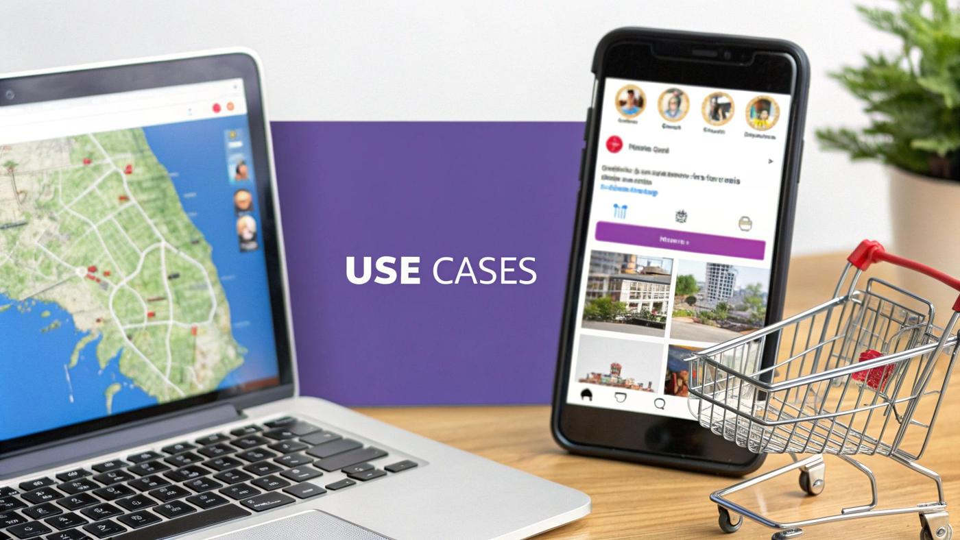 A split-screen image showing e-commerce, social media, and ad verification scenarios.