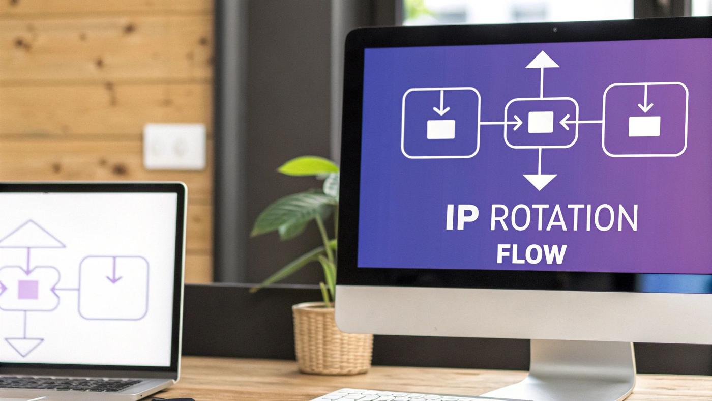 Diagram showing how a user request goes through a backconnect proxy, which selects an IP from a large pool before sending it to a target website.
