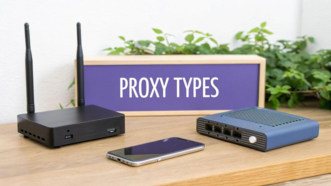 A visual comparison of datacenter, residential, and mobile proxies, illustrating their different sources and levels of trust.
