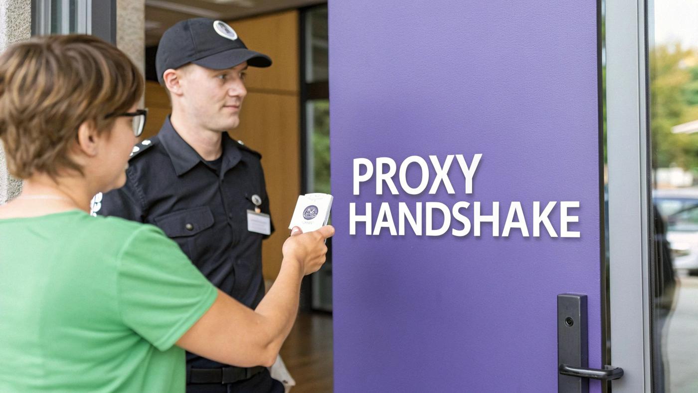 A digital illustration of a key unlocking a secure connection, symbolizing the proxy authentication handshake.