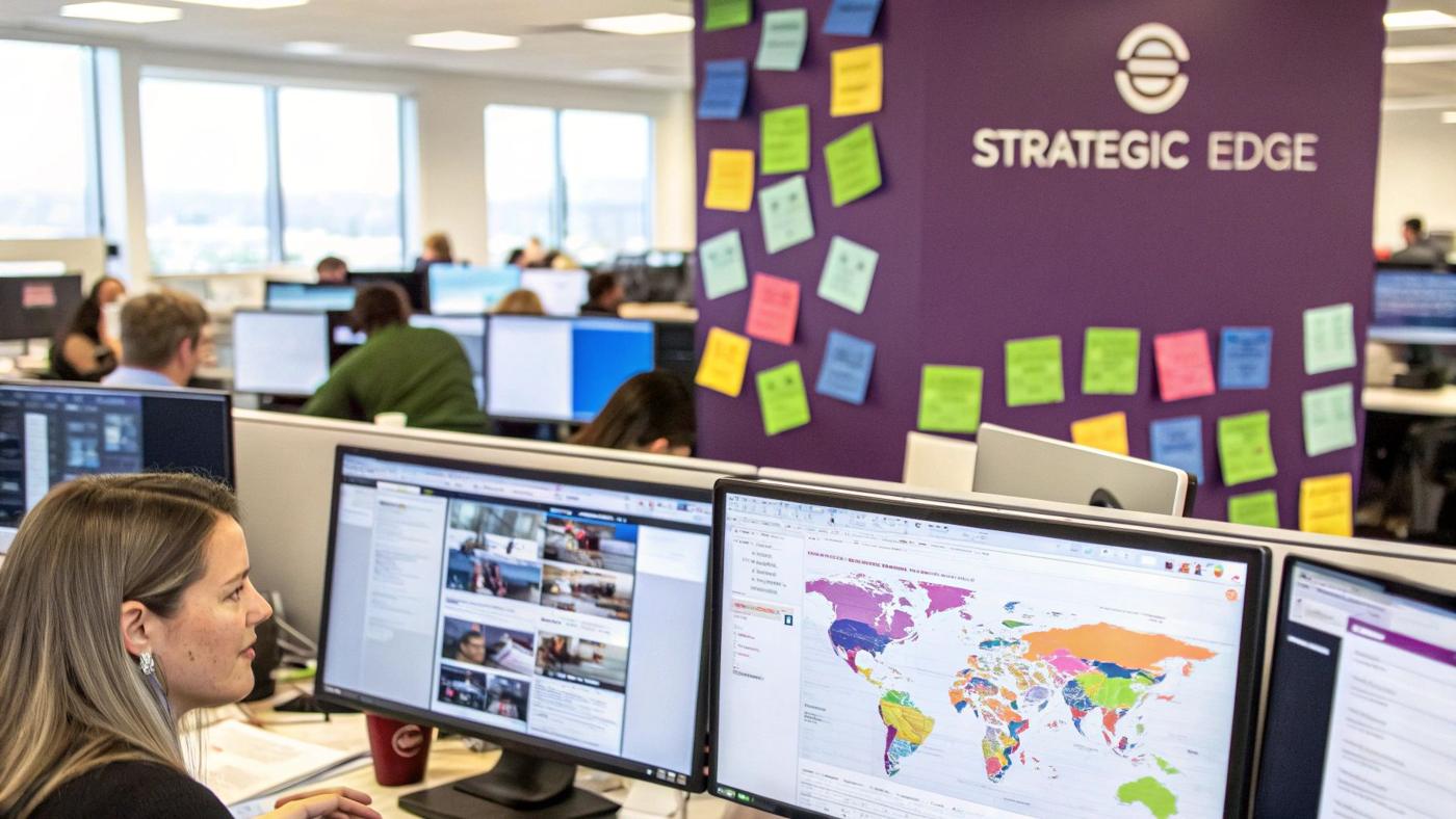 A digital marketer analyzing Instagram growth charts and managing multiple accounts on a screen, symbolizing strategic advantages.