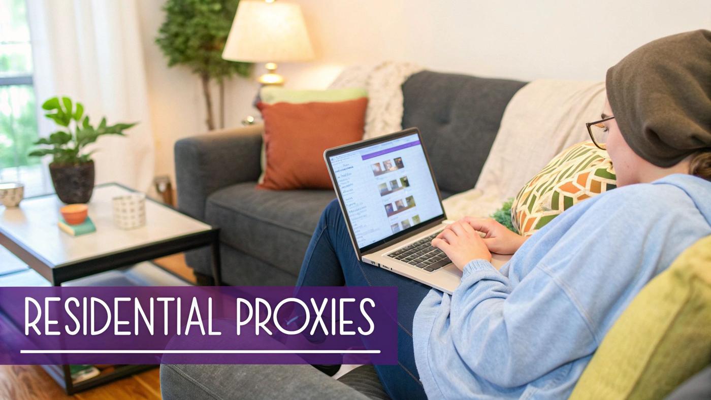 A person using a laptop with network connection graphics, representing the concept of proxies.