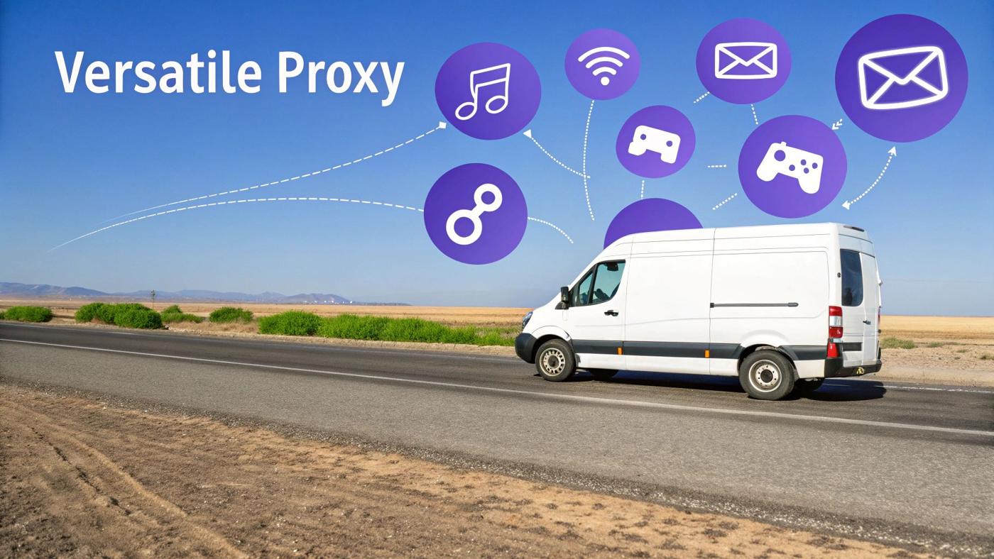 A visual representation of the SOCKS protocol handling diverse traffic types like email, gaming, and file transfers.