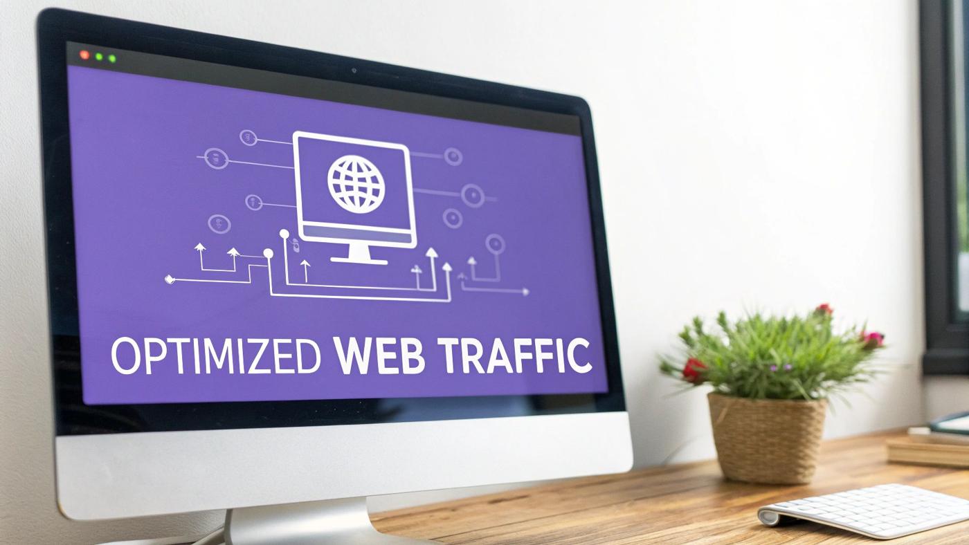 A visual representation of an HTTP proxy server optimizing and routing web traffic.