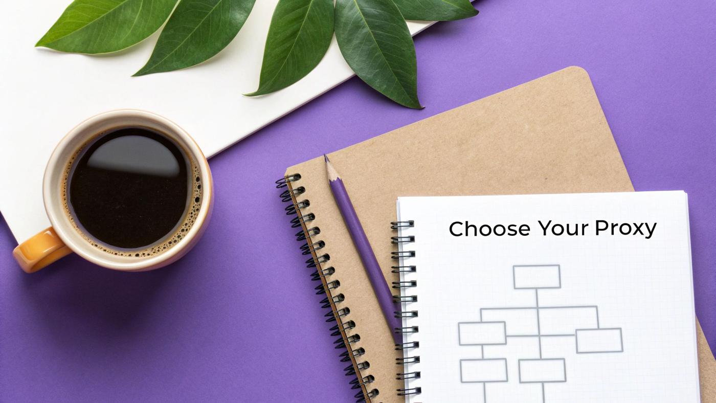 A flowchart showing a decision-making process for choosing between static and rotating proxies.