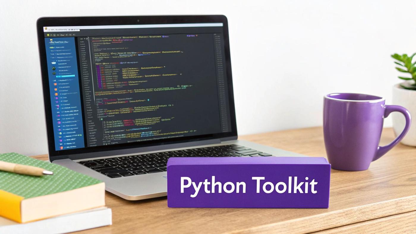 A clean and modern desk setup with a laptop showing Python code, representing a developer's toolkit.