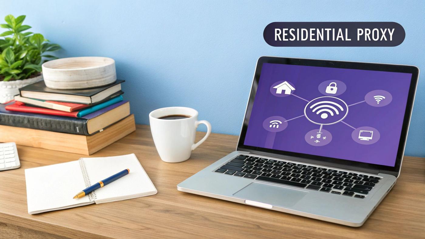 An illustration showing a network of residential houses connected, representing a residential proxy network.