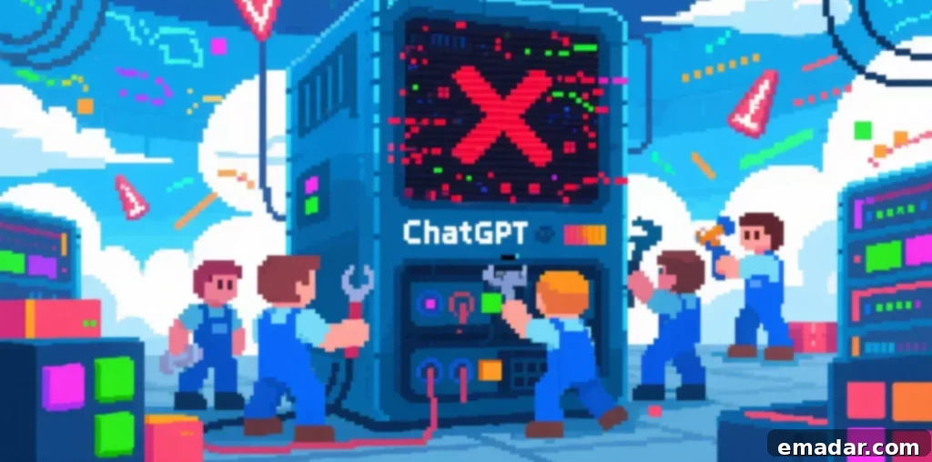 ChatGPT Crashed Again? Why It Happens and What It Means for Our AI Future ChatGPT outage graphic depicting a broken robot and network issues, symbolizing AI service downtime and its impact on users.