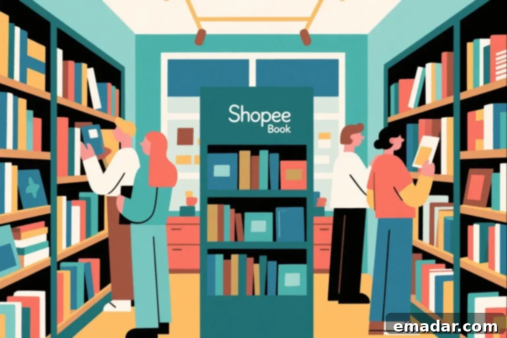 Shopee Book Buying Guide: How to Find the Best Deals Online A person browsing books on Shopee's mobile app, surrounded by various book titles, illustrating online book shopping convenience.