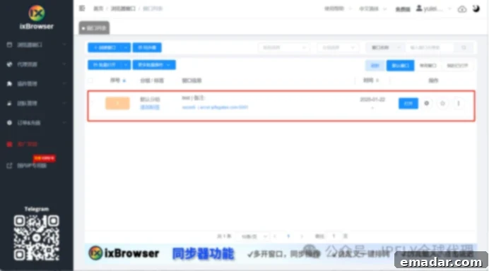 IPFLY+ixBrowser Free Fingerprint Browser: Your High-Value Cross-Border Tool Combo! Step 8: Confirm successful setup by viewing your new browsing environment in the ixBrowser dashboard, displaying assigned IP and profile details.