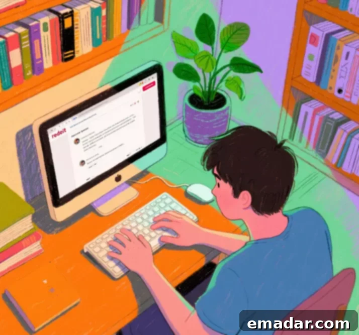 Reddit: Your Comprehensive Guide to Getting Started and Global Access A person using Reddit on a laptop, with text overlay in English 'Reddit: The Ultimate Guide for New Users and Global Access'.