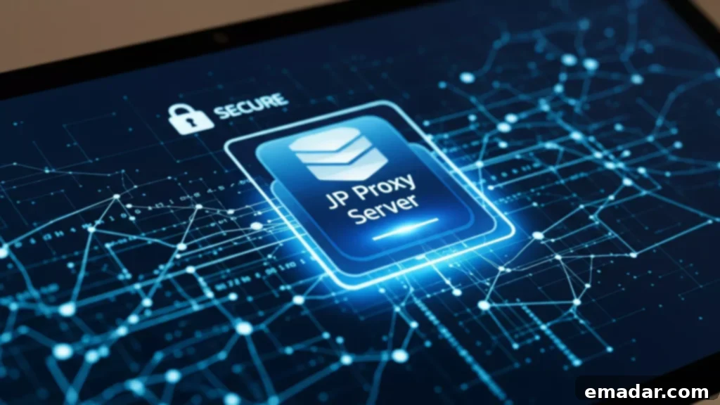 JP Proxy Server for Business and E-Commerce Operations A person working on a laptop, with Japanese text and digital elements, symbolizing business operations in Japan facilitated by a JP proxy server.