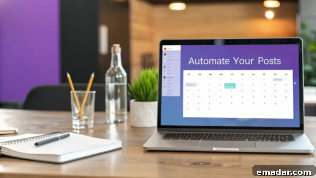 A Comprehensive Guide to Social Media Automation Tools A person uses social media automation software on a laptop, surrounded by illustrative icons representing various social media platforms and automation features.