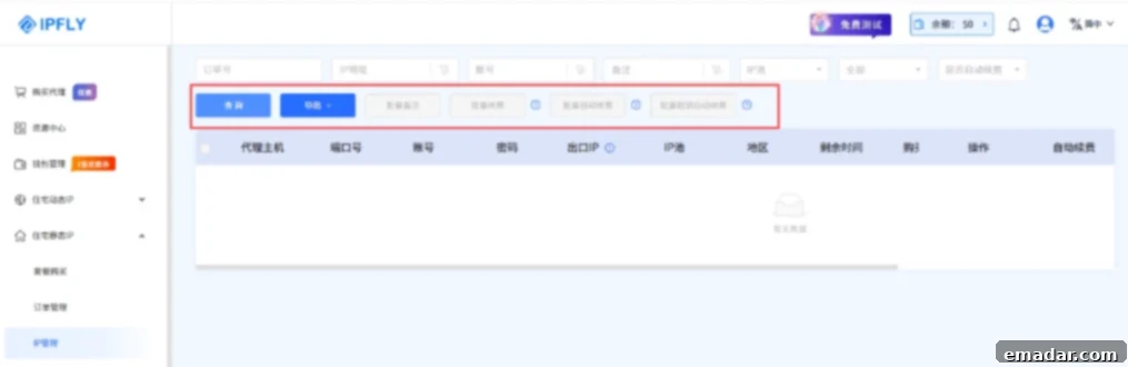 IPFLY Remarks Filtering Function for IP Management The new 'Remarks' filter in the IPFLY static IP management dashboard.